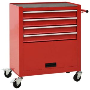 Red Steel Tool Storage Trolley Cart Workstation 4 Sliding Drawers Lockable