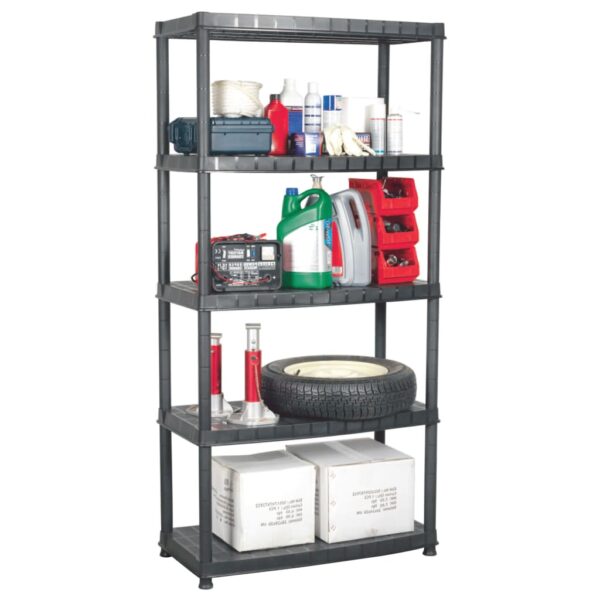 Versatile Black Plastic Storage Shelf Organizer 5-Tier Display Rack Easy Clean