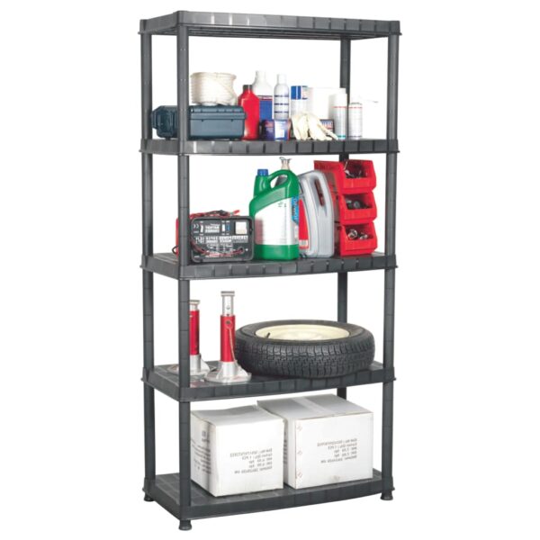 Versatile Black Plastic Storage Shelf Organizer Rack 5-Tier Cleanable Compact