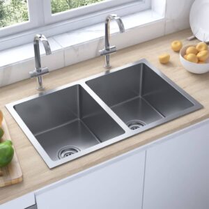 Handmade Dual Bowl Kitchen Sink Stainless Steel Soundproof Satin Finish Lead-Free