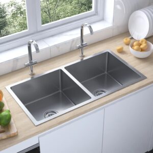 Stainless Steel Double Bowl Kitchen Sink Handmade Soundproof Satin Finish