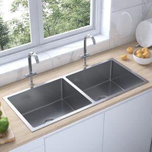 Stainless Steel Dual Bowl Kitchen Sink Handmade Soundproof Satin Finish