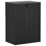 Outdoor Garden Storage Cabinet Black Rattan Look Organizer with Shelves