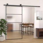 Frosted Glass Sliding Door Privacy Aluminium Frame Modern Black Room Divider