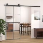 Modern Black Sliding Door ESG Glass Aluminium Frame Quiet Glide Space Saver