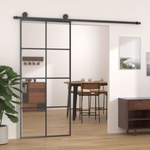 Modern Black Sliding Door ESG Glass Aluminium Frame Quiet Glide Space Saver