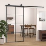 Modern Black Sliding Door ESG Glass Aluminium Frame Quiet Glide Space Saver