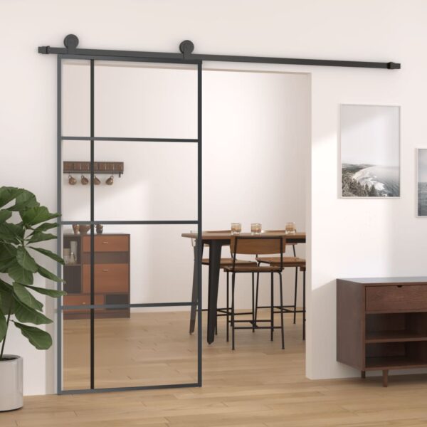 Modern Black Sliding Door Aluminium Frame ESG Glass Space Saving Quiet Glide