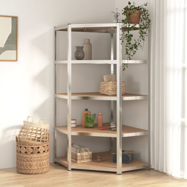 5-Layer Corner Shelf Silver Steel and Engineered Wood