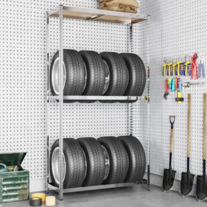 Adjustable Heavy Duty Steel Tire Storage Rack Garage Organizer Silver Wall Mount