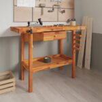 Solid Acacia Wood Workbench with Drawer Shelf Vices for Garage Workshop