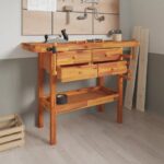 Solid Acacia Wood Workbench with Storage Drawers Shelf Sturdy Vice Garage Shop