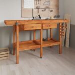 Solid Acacia Wood Workbench with Drawers Vices Sturdy Garage Workshop Storage