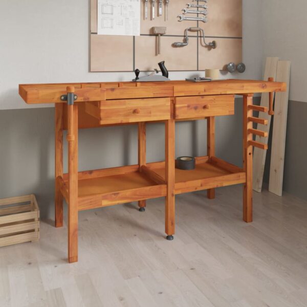 Solid Acacia Wood Workbench with Drawers Vices Sturdy Garage Workshop Storage