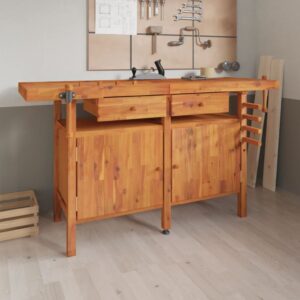 Solid Acacia Wood Workbench with Drawers Vices Large Work Surface Storage