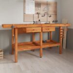 Solid Acacia Wood Workbench with Drawers Vices Storage Shelf Sturdy Garage Shop