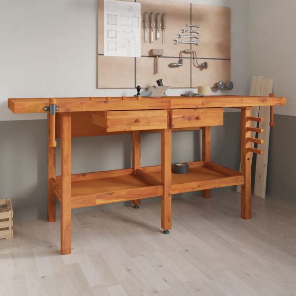 Solid Acacia Wood Workbench with Drawers Vices Storage Shelf Sturdy Garage Shop