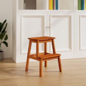 Solid Acacia Wood Step Stool Rustic Two-Tier Ladder for Kitchen Bathroom Home