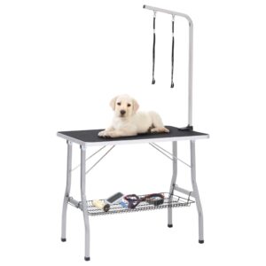 Adjustable Pet Grooming Table Non-Slip Surface with Storage Basket and Loops