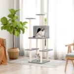 Multi-Level Cat Tree Tower with Sisal Scratching Posts Plush Hideaway - Light Grey