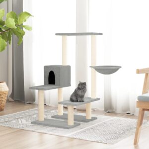 Multi-Level Cat Tree Tower Hammock Scratching Post Plush Sisal Light Grey