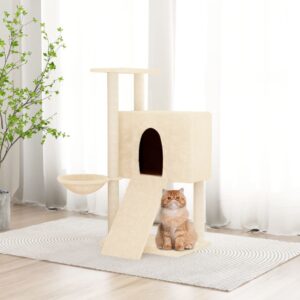 Luxurious Cream Cat Tree Multi-Level Hammock Ladder Plush Sisal Scratch Post