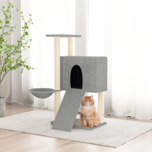 Multi-Level Cat Tree Tower Hammock Ladder Plush Sisal Scratch Post Light Grey