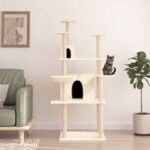 Deluxe Cream Cat Tree Condo Multi-Level Plush Basket Sisal Scratching Posts