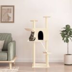 Deluxe Cream Cat Tree Condo Multi-Level Plush Basket Ladder Sisal Scratching Post