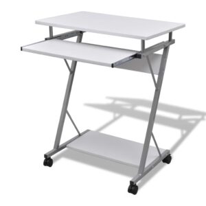 Stylish White Compact Computer Desk with Sliding Keyboard Tray and Shelf