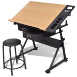 Adjustable Drafting Desk Art Craft Drawing Table with Stool & Storage Space