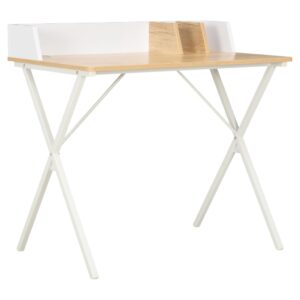 Modern White & Natural Compact Study Work Desk with Storage Compartments