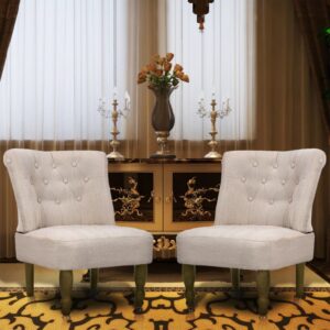 Elegant French  Cream Fabric Chairs - Chic Solid Wood Legs Home Decor Set