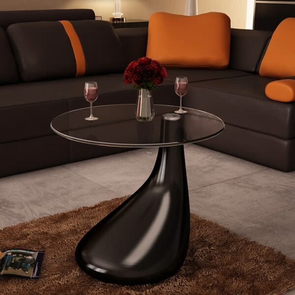 Chic High Gloss Black Coffee Table Round Glass Top Modern Living Room Furniture