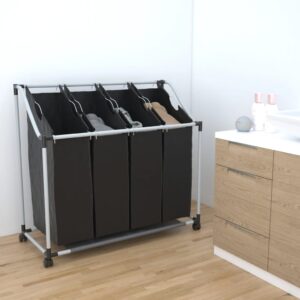 Quad Section Rolling Laundry Sorter Organizer Cart with Removable Bags Black