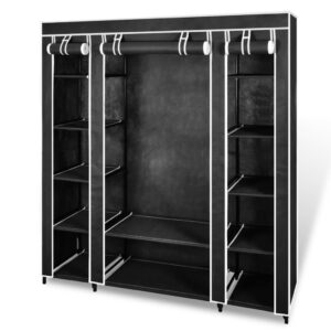 Spacious Portable Black Fabric Wardrobe Closet Organizer with Shelves and Rods