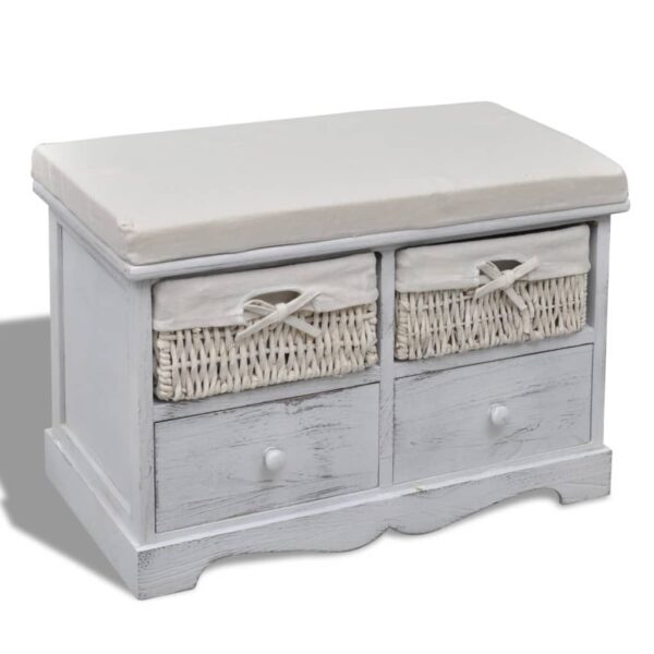 Chic White Storage Bench with Cushion Woven Baskets Drawers Wood Entryway Seat