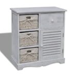 Chic White Wooden Cabinet with 3 Woven Baskets Storage Organizer Country