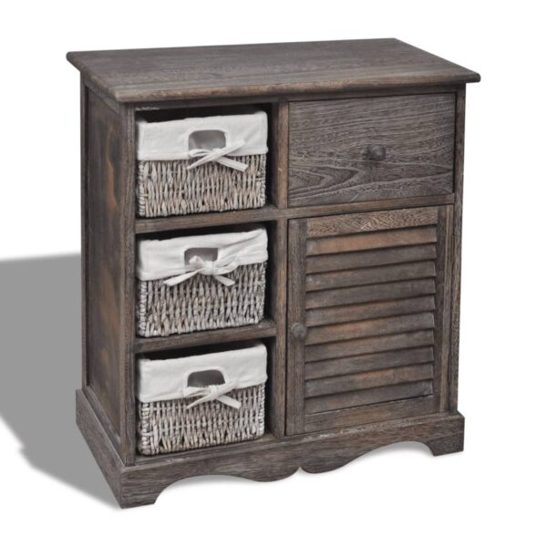 Chic Brown Wooden Storage Cabinet with 3 Woven Baskets Country  Organizer