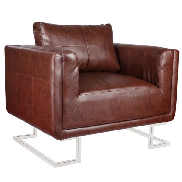 Cube Armchair with Chrome Feet Brown Faux Leather