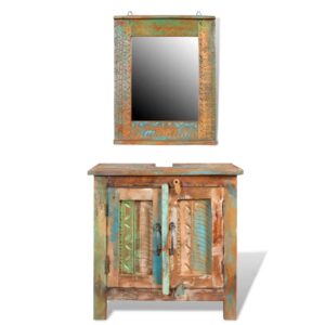 Vintage Reclaimed Wood Vanity Cabinet Set Handmade Mirror Bathroom Decor