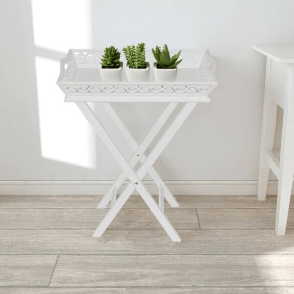 White Folding Side Table Detachable Tray Top Cutout Design MDF Pine Wood Patio