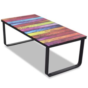 Modern Elegant Tempered Glass Coffee Table Rainbow Print Top Stable Iron Frame