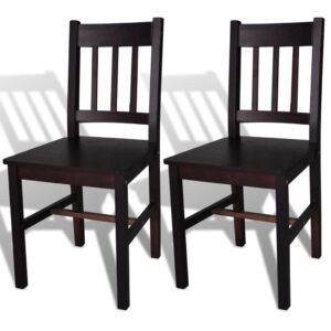 Elegant Set of Two Solid Pine Wood Dining Chairs in Dark Brown Finish Comfort