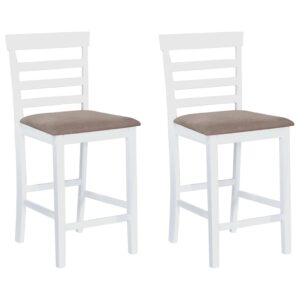 Set of Two Elegant White Fabric Bar Stools with Rubberwood Frame and Padded Seat