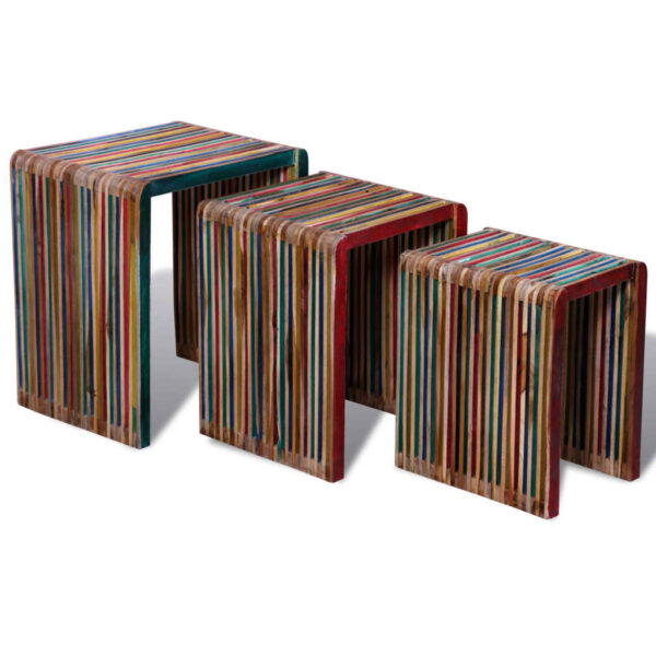 Chic Reclaimed Teak Nesting Tables Set of Three Handcrafted Multicolor