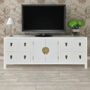 Chic White Wooden Sideboard Storage Cabinet Asian Inspired with Drawers Doors