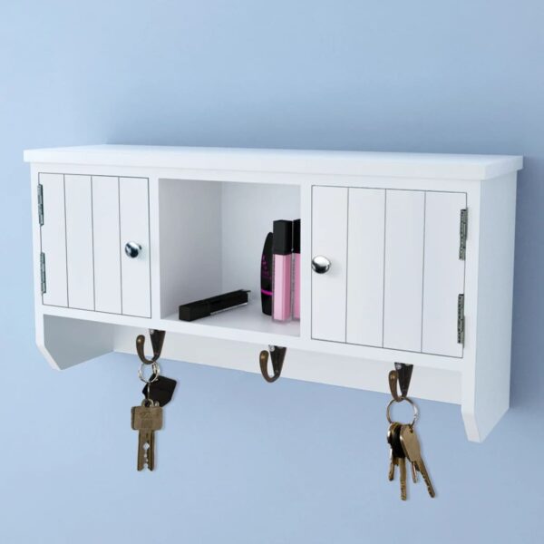 Chic White Wall Mounted Key Jewelry Organizer Cabinet with Doors Hooks Storage