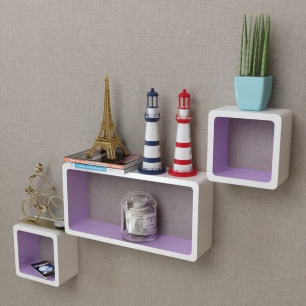 Chic White Purple Floating Wall Shelves Set Invisible Mount Decorative Cube