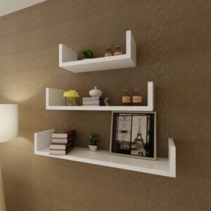 Set of 3 White Floating Wall Shelves U-Shaped Storage Display Home Decor Matte